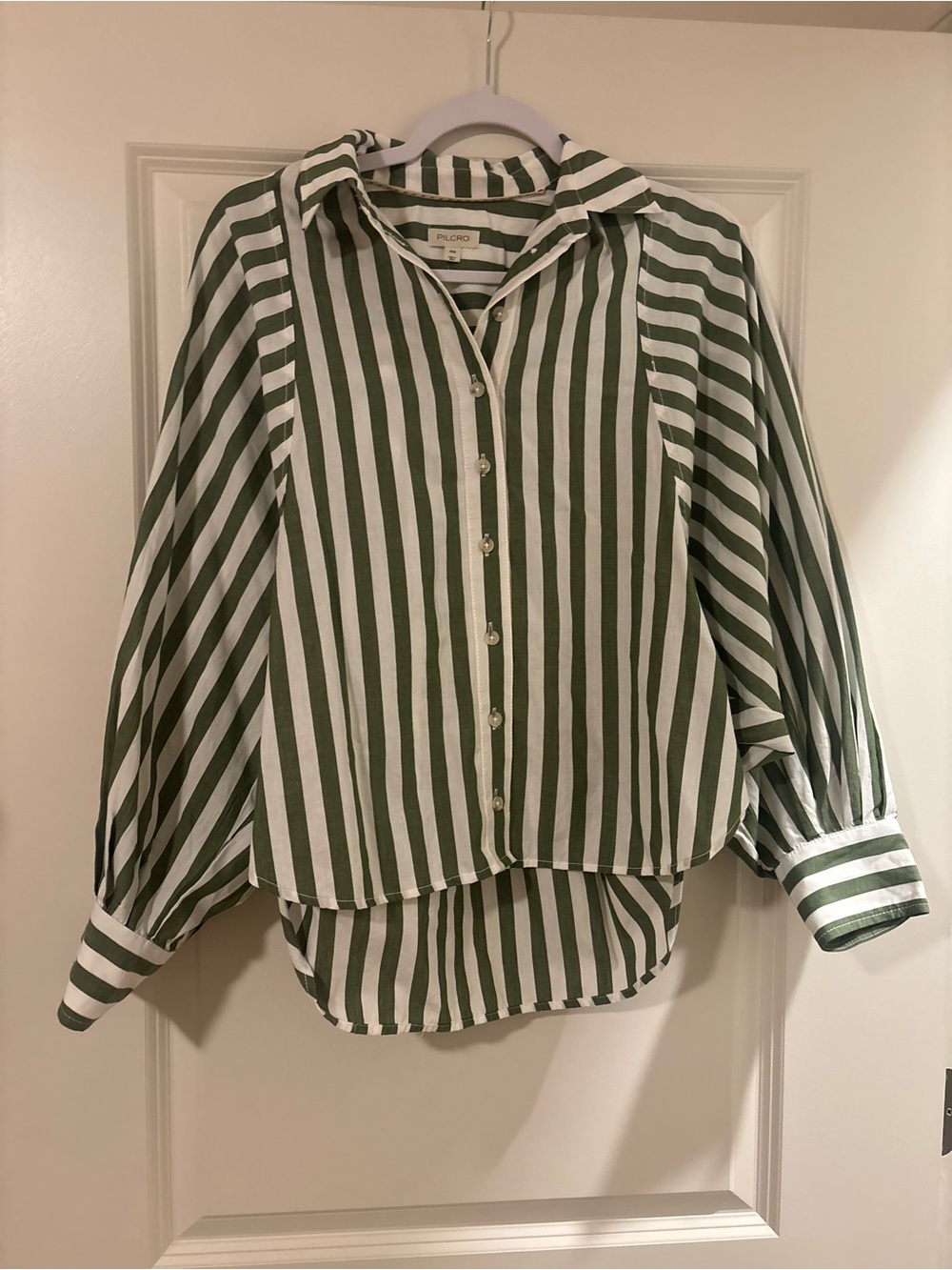 Pilcro Green and White Striped Button-Up Blouse